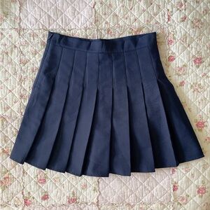 Navy Blue Satin Knife Pleated Mini Skirt